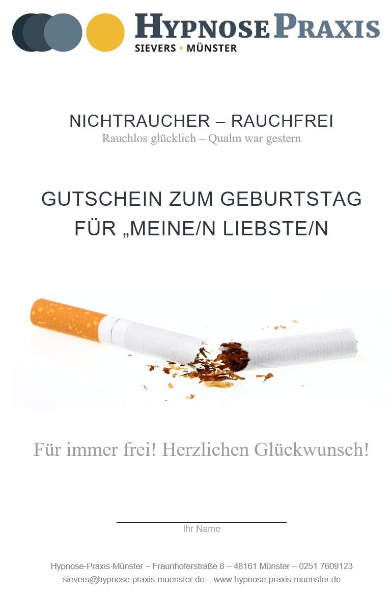 Gutschein: Nichtraucher - Rauchfrei. Zerbrochene Zigarette als Symbol.