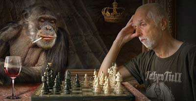 Rauchender Affe und Mann spielen Schach. Ein Glas Rotwein und ein Schachbrett stehen auf dem Tisch.